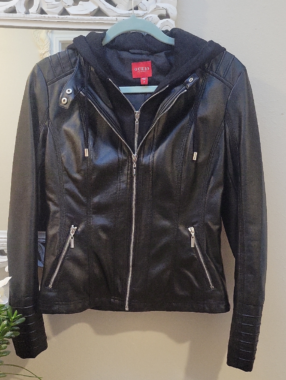 GUESS Black Faux Leather Hooded Jacket with Silver Zippers